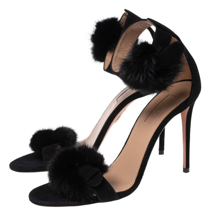 Pre Owned Aquazzura Black Suede And Fur Sinatra Sandals Size 38.5