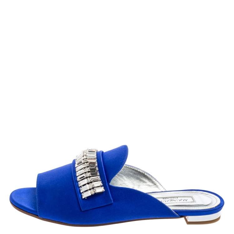 Pre Owned Aquazzura Blue Satin Crystal Mule Flat Sandals Size 35