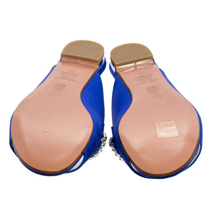Pre Owned Aquazzura Blue Satin Crystal Mule Flat Sandals Size 35