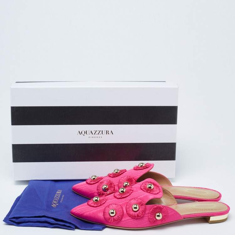 Pre Owned Aquazzura Hot Pink Moire Fabric Sunflower Flat Mules Size 39