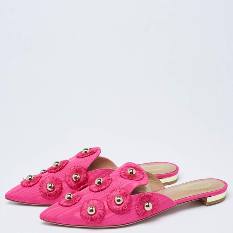 Pre Owned Aquazzura Hot Pink Moire Fabric Sunflower Flat Mules Size 39