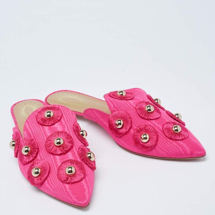 Pre Owned Aquazzura Hot Pink Moire Fabric Sunflower Flat Mules Size 39