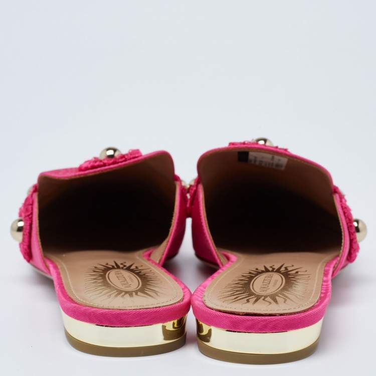 Pre Owned Aquazzura Hot Pink Moire Fabric Sunflower Flat Mules Size 39