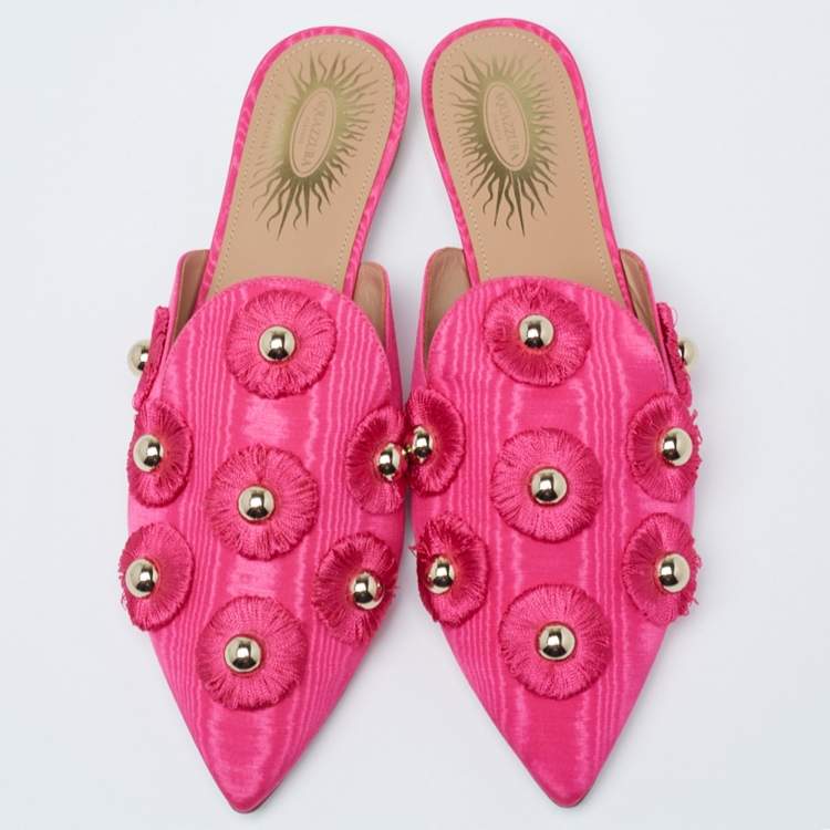 Pre Owned Aquazzura Hot Pink Moire Fabric Sunflower Flat Mules Size 39