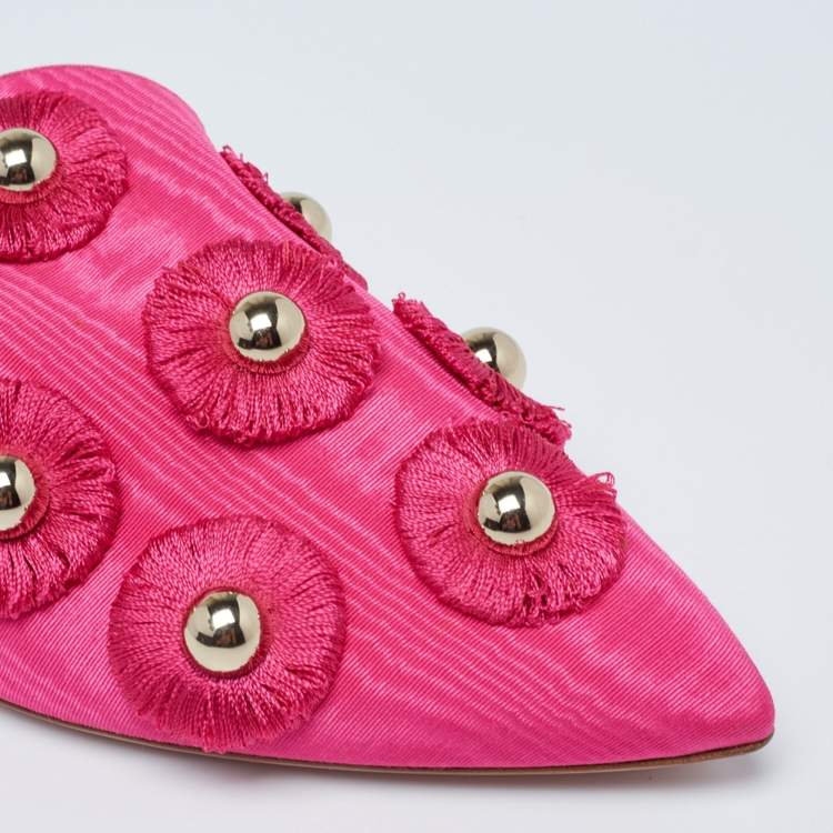 Pre Owned Aquazzura Hot Pink Moire Fabric Sunflower Flat Mules Size 39