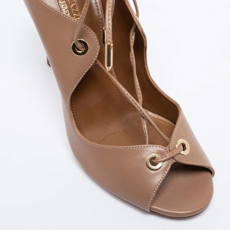 Pre Owned Aquazzura Beige Leather Tango Curvy Lace-Up Sandals Size 37