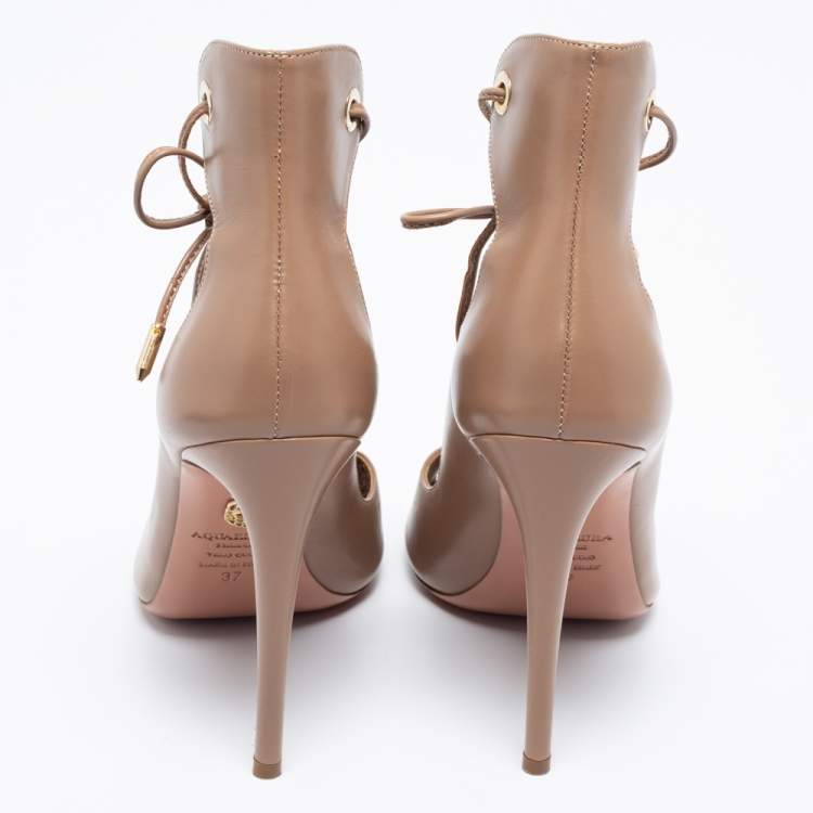 Pre Owned Aquazzura Beige Leather Tango Curvy Lace-Up Sandals Size 37