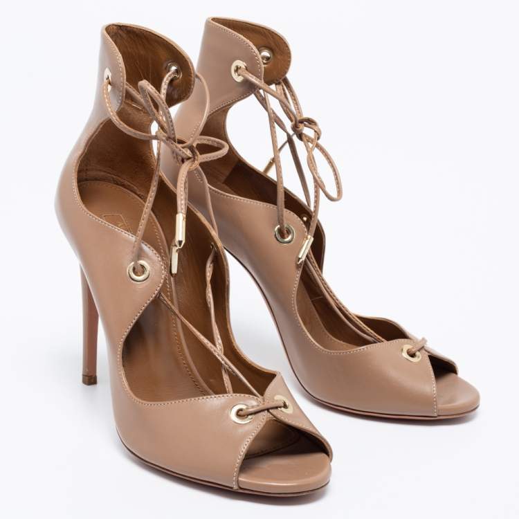Pre Owned Aquazzura Beige Leather Tango Curvy Lace-Up Sandals Size 37