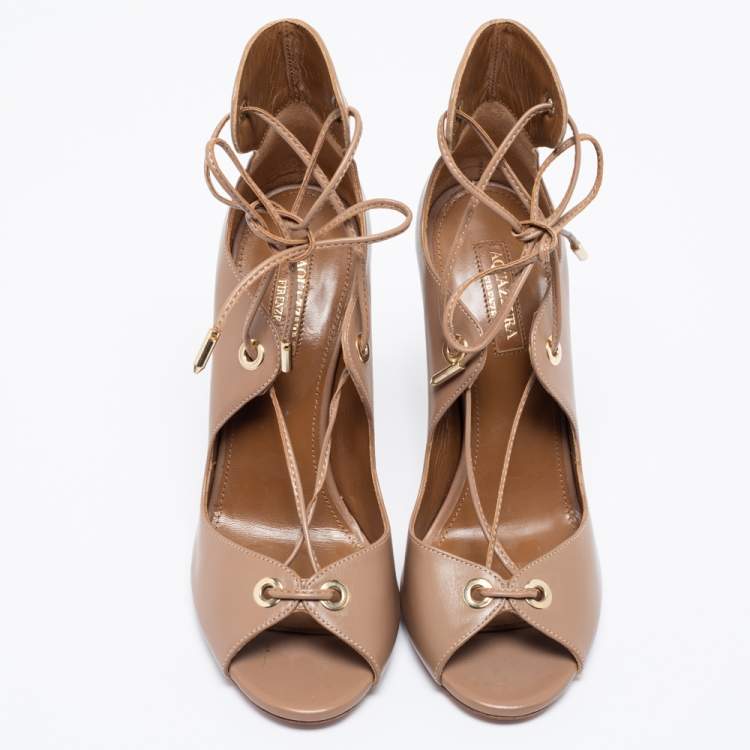 Pre Owned Aquazzura Beige Leather Tango Curvy Lace-Up Sandals Size 37