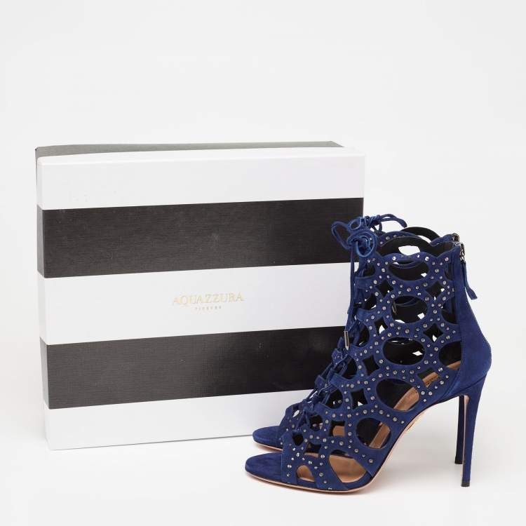 Pre Owned Aquazzura Blue Laser Cut Suede Begum Studded Lace Up Sandals Size 39