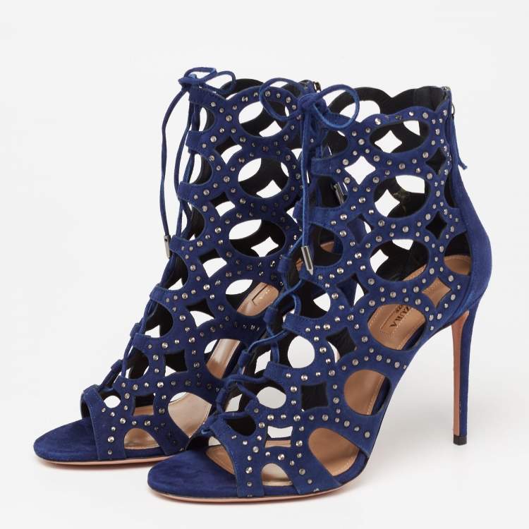 Pre Owned Aquazzura Blue Laser Cut Suede Begum Studded Lace Up Sandals Size 39
