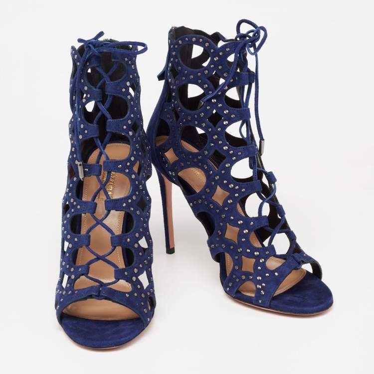Pre Owned Aquazzura Blue Laser Cut Suede Begum Studded Lace Up Sandals Size 39