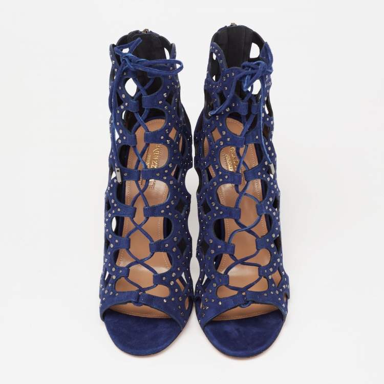 Pre Owned Aquazzura Blue Laser Cut Suede Begum Studded Lace Up Sandals Size 39