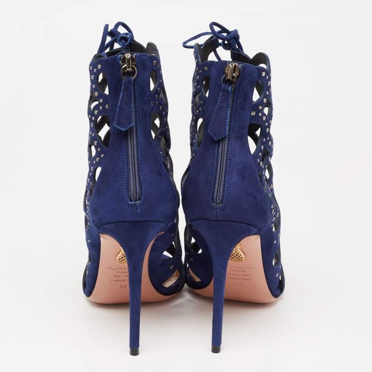 Pre Owned Aquazzura Blue Laser Cut Suede Begum Studded Lace Up Sandals Size 39