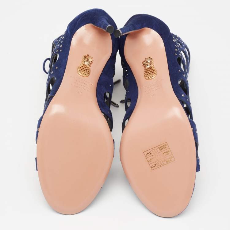Pre Owned Aquazzura Blue Laser Cut Suede Begum Studded Lace Up Sandals Size 39