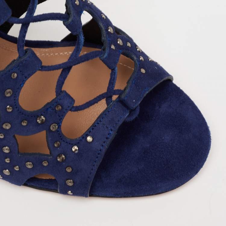 Pre Owned Aquazzura Blue Laser Cut Suede Begum Studded Lace Up Sandals Size 39