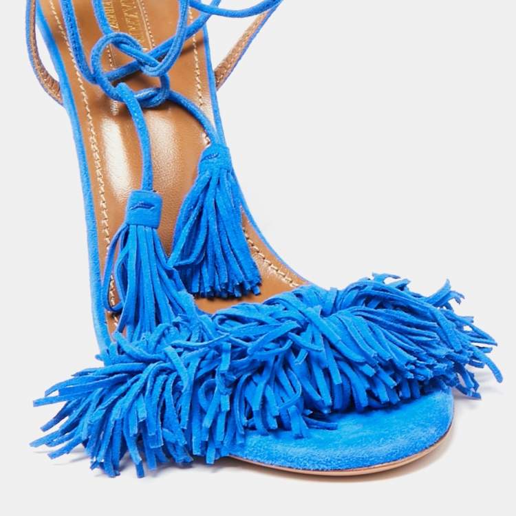 Pre Owned Aquazzura Blue Suede Wild Thing Ankle Wrap Sandals Size 39