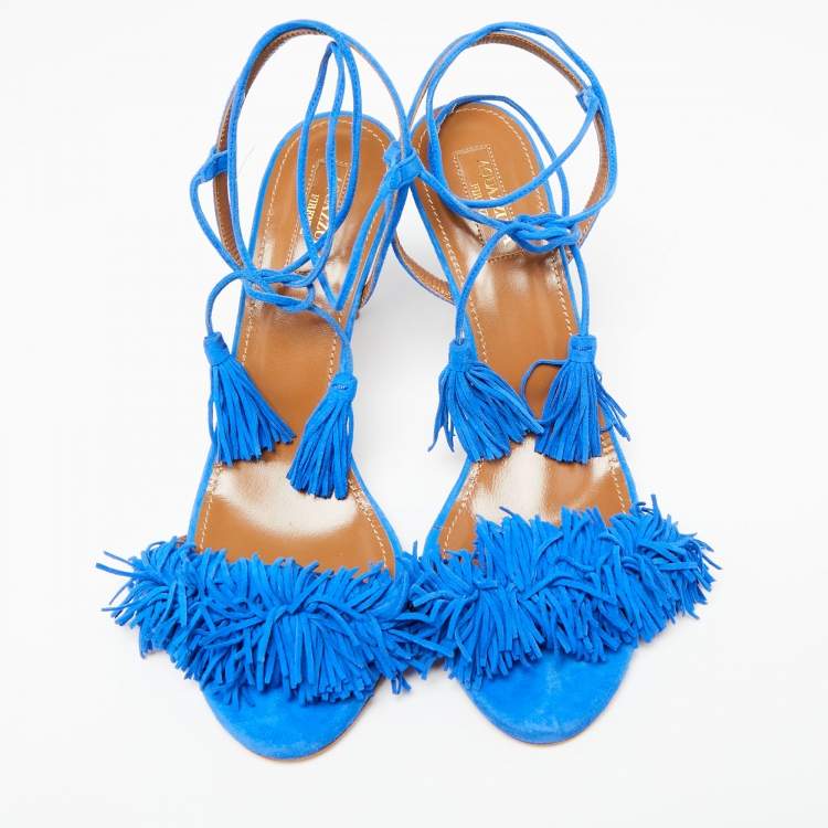 Pre Owned Aquazzura Blue Suede Wild Thing Ankle Wrap Sandals Size 39