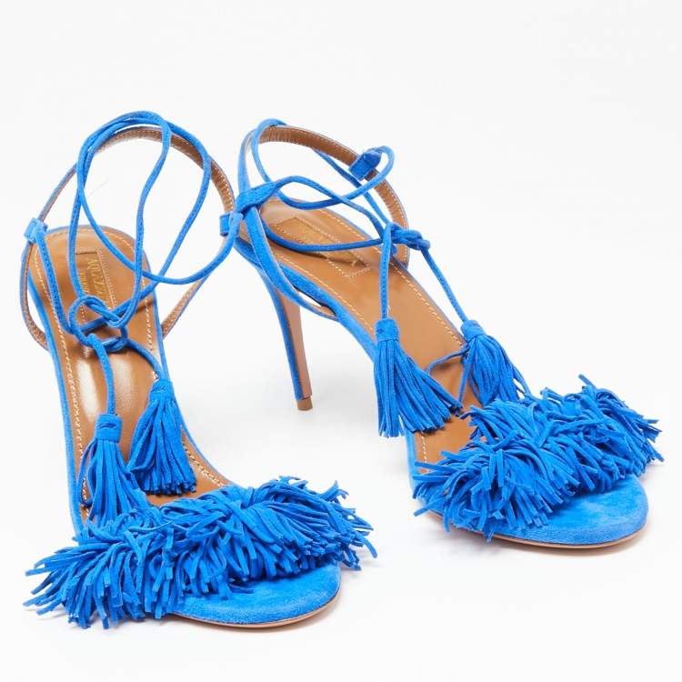Pre Owned Aquazzura Blue Suede Wild Thing Ankle Wrap Sandals Size 39