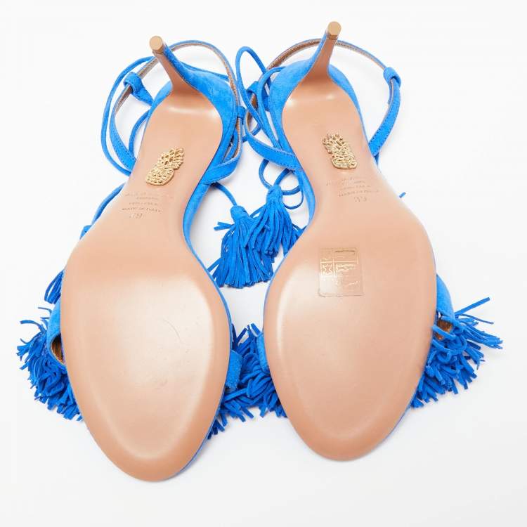 Pre Owned Aquazzura Blue Suede Wild Thing Ankle Wrap Sandals Size 39