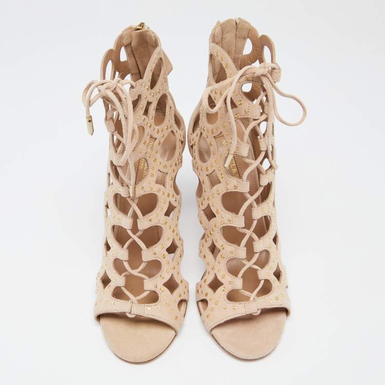 Pre Owned Aquazzura Beige Suede Begum Studded Cut Out Lace Up Sandals Size 37