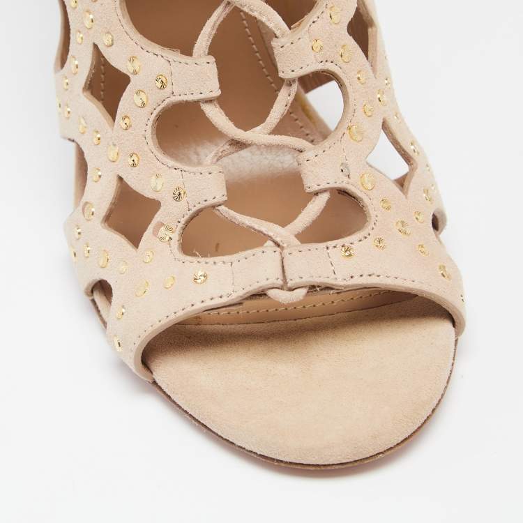Pre Owned Aquazzura Beige Suede Begum Studded Cut Out Lace Up Sandals Size 37