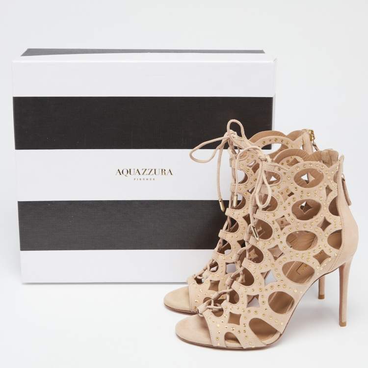 Pre Owned Aquazzura Beige Suede Begum Studded Cut Out Lace Up Sandals Size 37