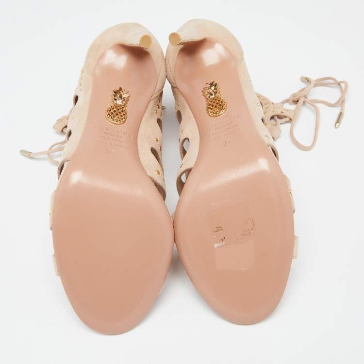 Pre Owned Aquazzura Beige Suede Begum Studded Cut Out Lace Up Sandals Size 37
