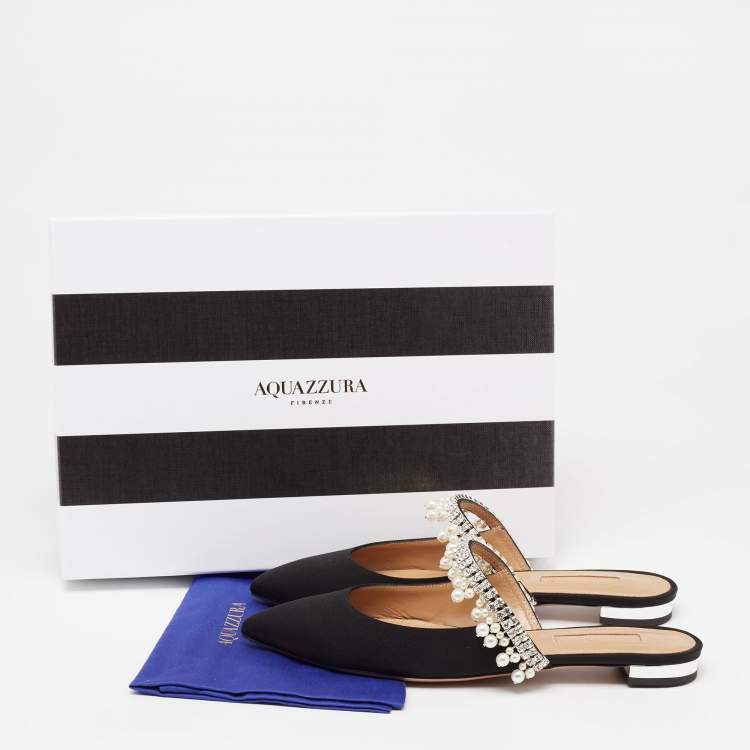 Pre Owned Aquazzura Black Fabric Exquisite Crystal and Faux Pearl Embellished Flat Mules Size 35.5