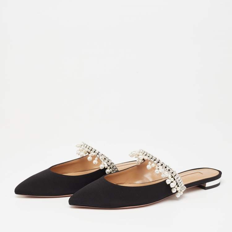 Pre Owned Aquazzura Black Fabric Exquisite Crystal and Faux Pearl Embellished Flat Mules Size 35.5