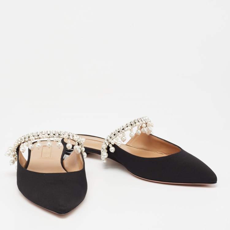 Pre Owned Aquazzura Black Fabric Exquisite Crystal and Faux Pearl Embellished Flat Mules Size 35.5