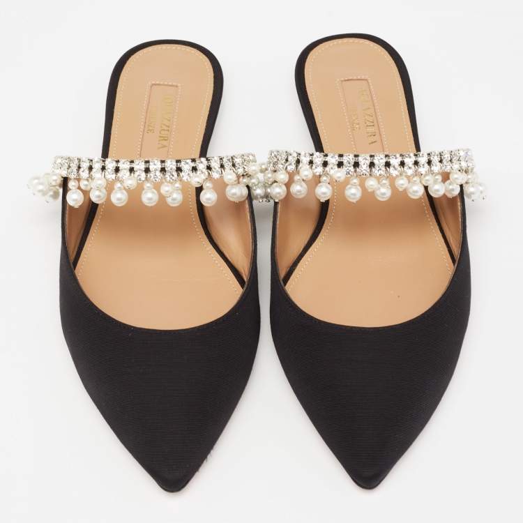 Pre Owned Aquazzura Black Fabric Exquisite Crystal and Faux Pearl Embellished Flat Mules Size 35.5