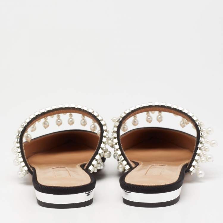 Pre Owned Aquazzura Black Fabric Exquisite Crystal and Faux Pearl Embellished Flat Mules Size 35.5