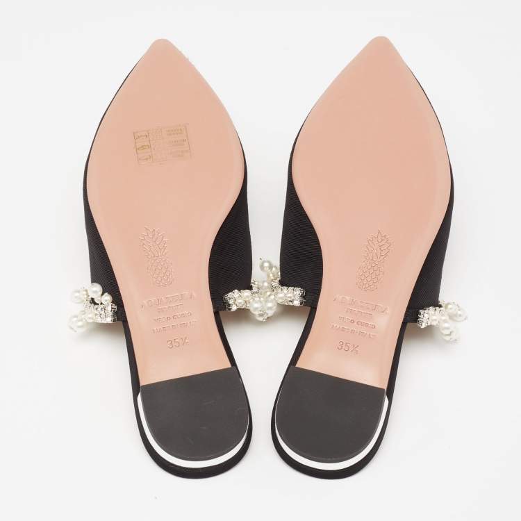 Pre Owned Aquazzura Black Fabric Exquisite Crystal and Faux Pearl Embellished Flat Mules Size 35.5