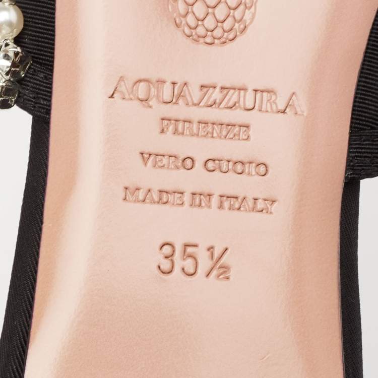 Pre Owned Aquazzura Black Fabric Exquisite Crystal and Faux Pearl Embellished Flat Mules Size 35.5