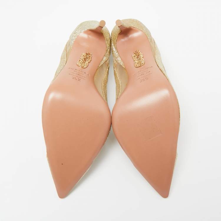 Pre Owned Aquazzura Light Gold Glitter and Mesh Graphic Pumps Size 36.5