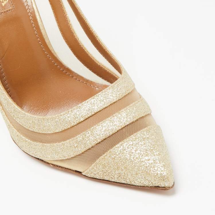 Pre Owned Aquazzura Light Gold Glitter and Mesh Graphic Pumps Size 36.5