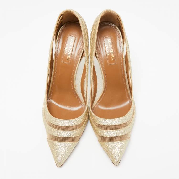 Pre Owned Aquazzura Light Gold Glitter and Mesh Graphic Pumps Size 36.5