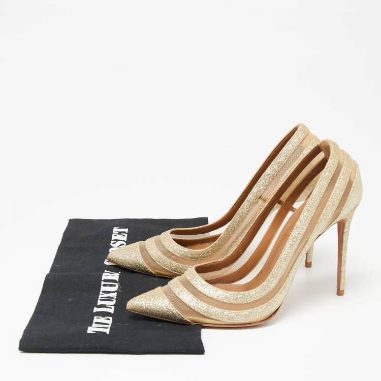 Pre Owned Aquazzura Light Gold Glitter and Mesh Graphic Pumps Size 36.5