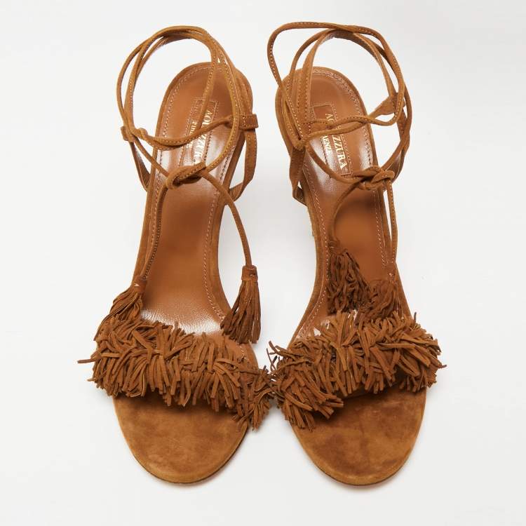 Pre Owned Aquazzura Brown Suede Fringed  Wild Thing Ankle Wrap Sandals Size 42