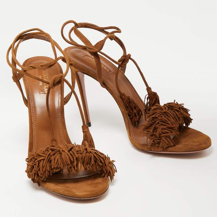 Pre Owned Aquazzura Brown Suede Fringed  Wild Thing Ankle Wrap Sandals Size 42