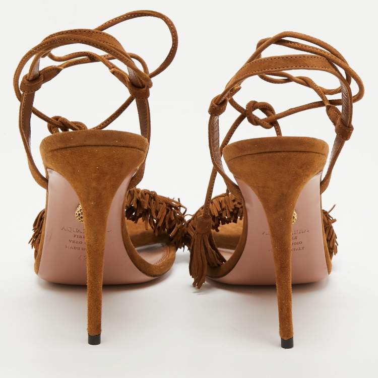 Pre Owned Aquazzura Brown Suede Fringed  Wild Thing Ankle Wrap Sandals Size 42