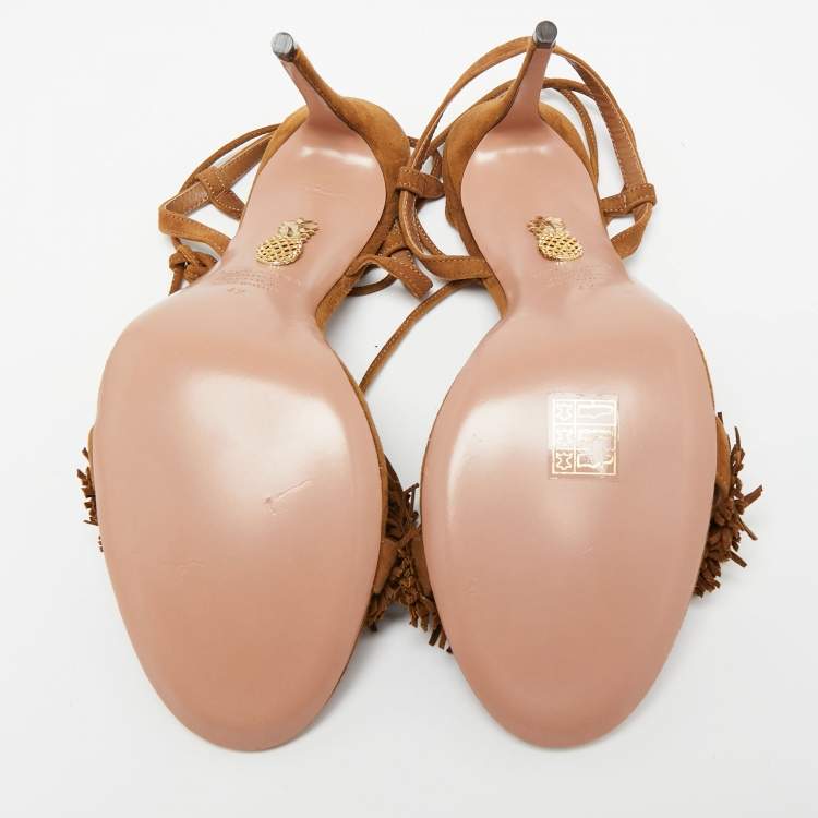 Pre Owned Aquazzura Brown Suede Fringed  Wild Thing Ankle Wrap Sandals Size 42