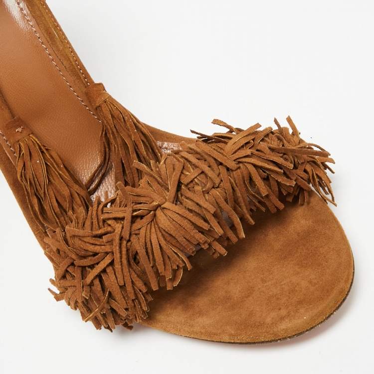 Pre Owned Aquazzura Brown Suede Fringed  Wild Thing Ankle Wrap Sandals Size 42