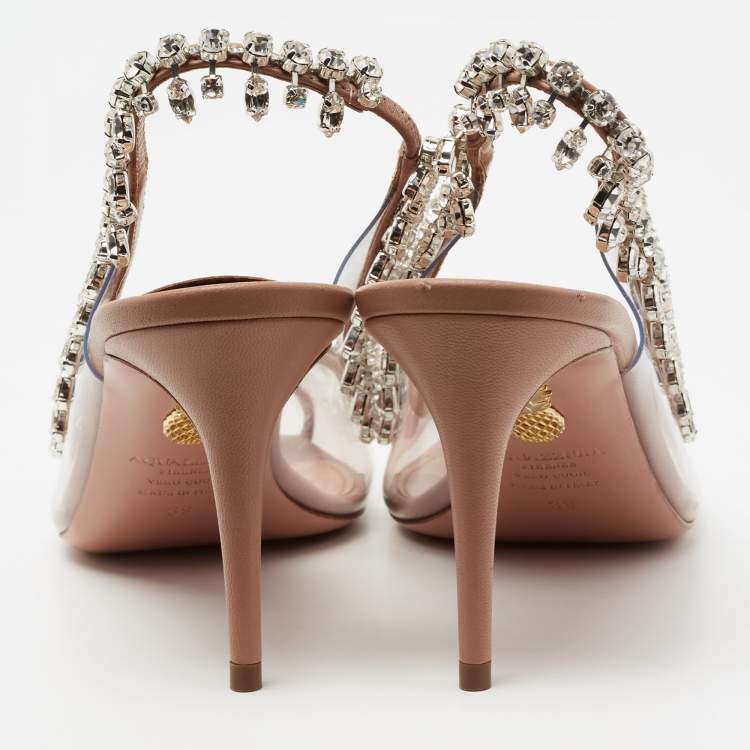 Pre Owned Aquazzura Beige Leather and PVC Temptation Crystal Embellished Slingback Pumps Size 39