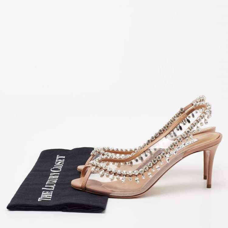 Pre Owned Aquazzura Beige Leather and PVC Temptation Crystal Embellished Slingback Pumps Size 39