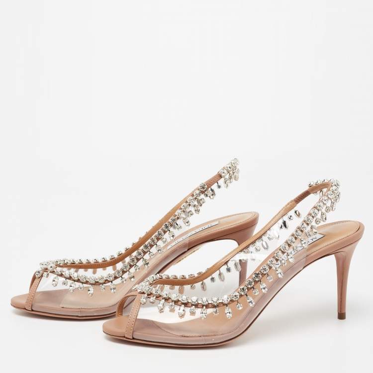 Pre Owned Aquazzura Beige Leather and PVC Temptation Crystal Embellished Slingback Pumps Size 39