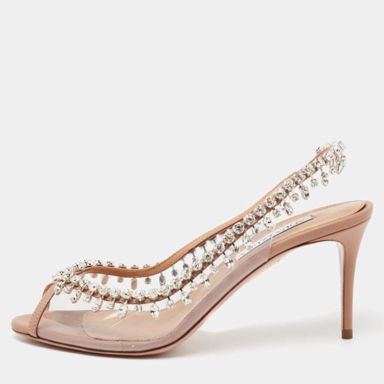 Pre Owned Aquazzura Beige Leather and PVC Temptation Crystal Embellished Slingback Pumps Size 39