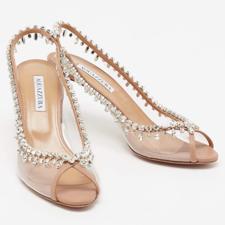 Pre Owned Aquazzura Beige Leather and PVC Temptation Crystal Embellished Slingback Pumps Size 39