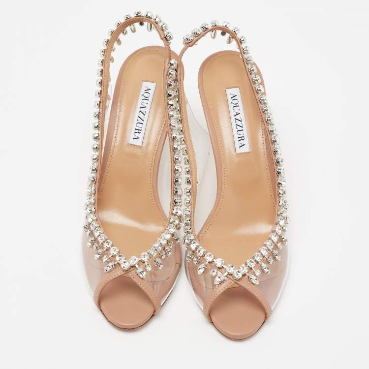 Pre Owned Aquazzura Beige Leather and PVC Temptation Crystal Embellished Slingback Pumps Size 39